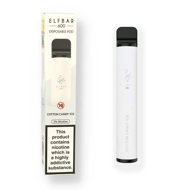 A Cotton Candy Ice flavoured Elfbar 600 e-cig vape with white packaging sold by Flavianvape