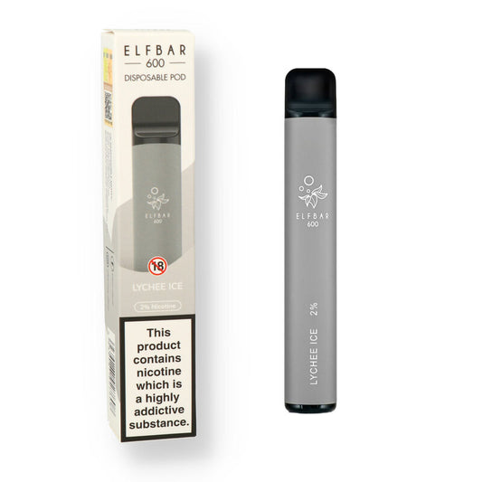 A Lychee flavoured Elfbar 600 e-cig vape with white and grey packaging sold by Flavianvape