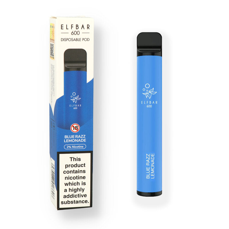 A Blue Raspberry Lemonade flavoured Elfbar 600 e-cig vape with blue packaging sold by Flavianvape