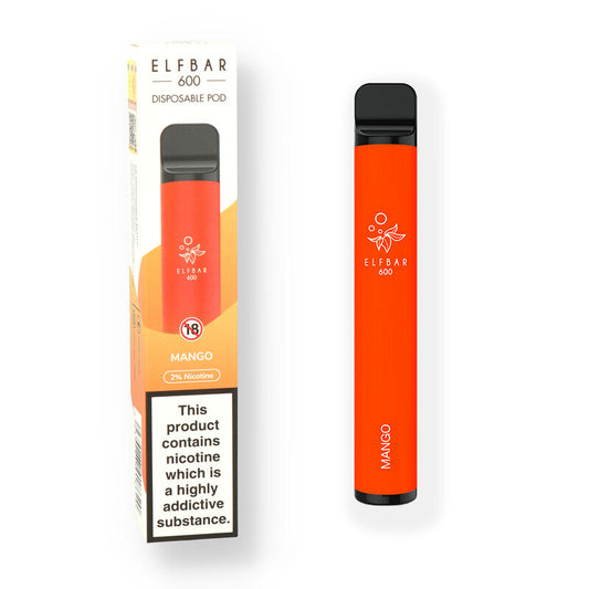 A Mango flavoured Elfbar 600 e-cig vape with orange packaging sold by Flavianvape