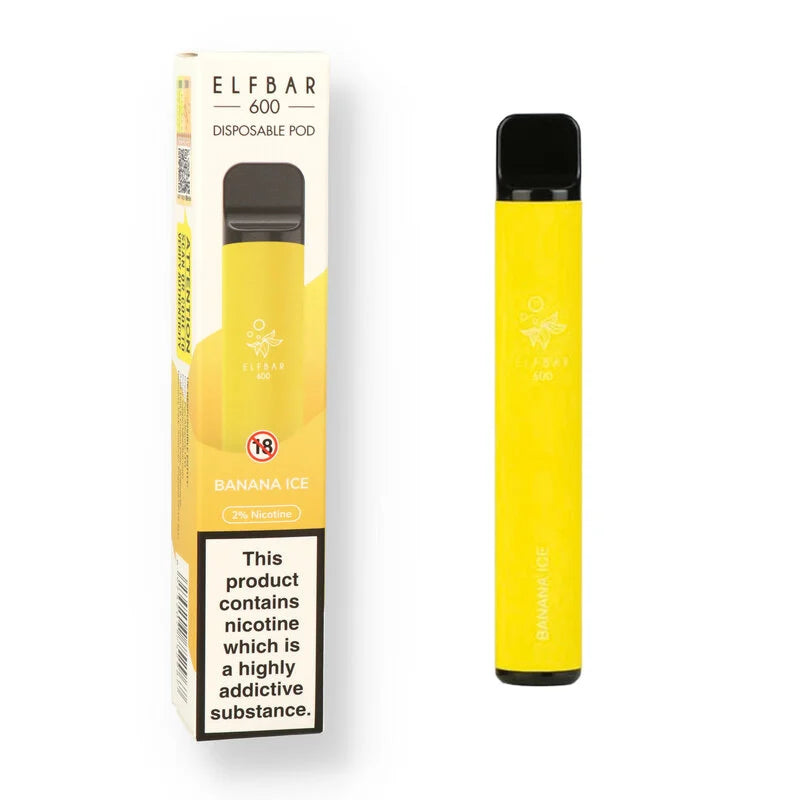 A Banana flavoured Elfbar 600 e-cig vape with yellow packaging sold by Flavianvape