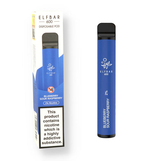 A Blue Sour Raspberry flavoured Elfbar 600 e-cig vape with blue packaging sold by Flavianvape